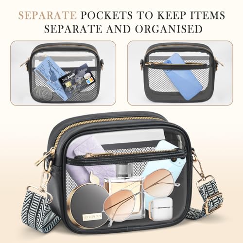 MOMSIV Clear Bag for Stadium Events, Clear Crossbody Bag with Front Pocket & Mesh Pocket Clear Purse Bag for Concerts Sports Festivals Black