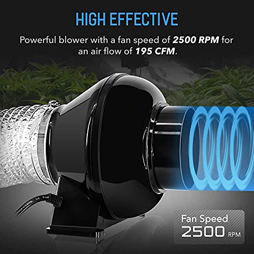 iPower 4 Inch 195 CFM Inline Ventilation Fan Vent Blower, 8 Feet Non-Insulated Flex Air Aluminum Foil Ducting with 2 Clamps for Grow Tent Circulation, Low Noise