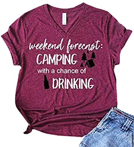 Weekend Forecast Camping Shirts Women Happy Camping Tshirt Funny Letter Graphic Print Tee Shirts V Neck Casual Top Blouse (As Shown,S)