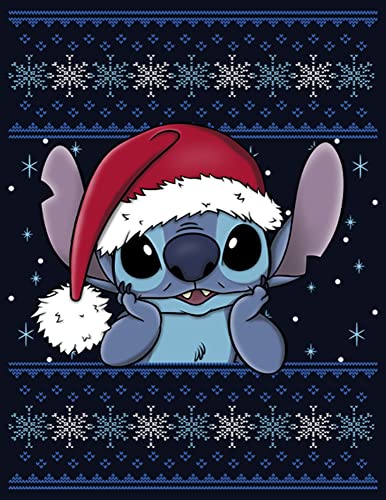 Disney Lilo Holiday Stitch Wearing Santa Hat Girl's Solid Crew Tee, Navy Blue, X-Small