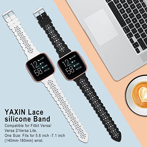 YAXIN 3 Pack Slim Sport Bands Compatible with Fitbit Versa/Versa 2/Versa Lite for Women,Soft Silicone Lace Replacement Wristbands for Fitbit Smart Watch,Black/White/Pink Sand