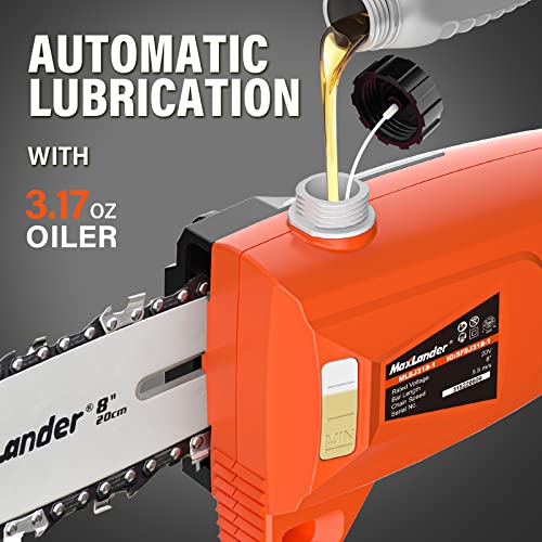 MAXLANDER 8 Inch Cordless Pole Saw, 20V Power Pole Chainsaw for Tree Trimming, Telescoping Electric Tool-free Installation, Adjustable Head Pole Saw with 2.0Ah Battery & Fast Charger