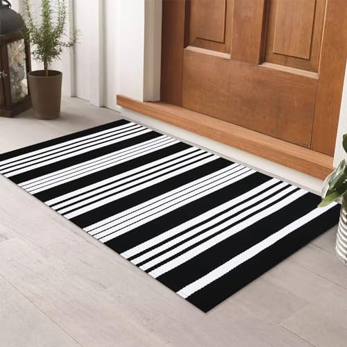 Ailsan Black and White Striped Rug Doormat 24"x35", Washable Black Front Door Mats, Woven Outdoor Porch Rug for Layered Kitchen/Farmhouse/Home Entrance