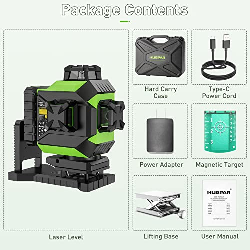 Huepar Laser Level 3 x 360 Self-Leveling Cross Line Laser 3D Green Laser Level with Pulse Mode Alignment Laser Tool with Rechargeable Li-ion Battery, Integrated Magnetic Bracket, Hard Carry Case 703CG
