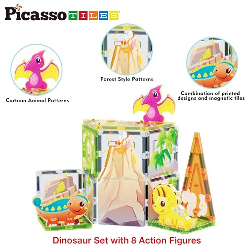 PicassoTiles Magnet Tile Building Blocks Dinosaur World Themed Playset with 8 Animal Character Action Figures Magnetic Tiles STEM Learning Pretend Play Toy Construction Set Boys Girls Ages 3+ PTQ23