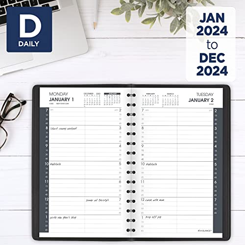 AT-A-GLANCE 2024 Daily Planner, Quarter-Hourly Appointment Book, 5" x 8", Small, Black (708000524)