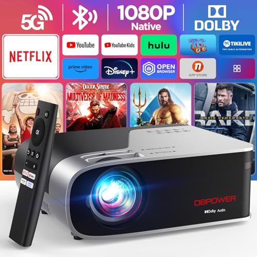 [Netflix Officially/Auto Focus] Smart Projector with 5G WiFi and Bluetooth, DBPOWER Native 1080p Projector Built-in Netflix, Youtube, Hulu, Disney+, Peacock Apps, 500ANSI Movie Projector Dolby