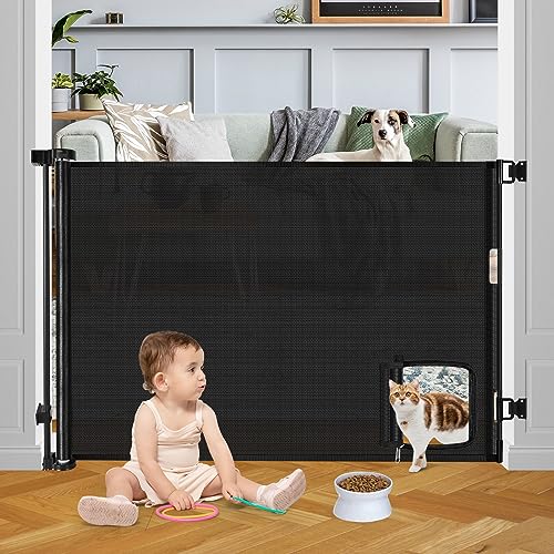 Retractable Baby Gates Retractable Dog Gate with Cat Door Walk Through 55" Wide Baby Gates for Dogs Indoor Baby Gate with Door Outdoor Pet Gate for Cats Cat Gate for Doorway Dog Gate for Stairs, Black