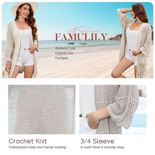 Famulily Womens Crochet Knit Cardigan Hollow Out Open Front Cover Ups Tops Summer Cardigan Beige S