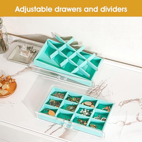 ProCase Earring Holder Organizer Jewelry Box with 3 Drawers, Acrylic Clear Earring Case with Adjustable Velvet Trays for Women - Aqua, 3 Layers