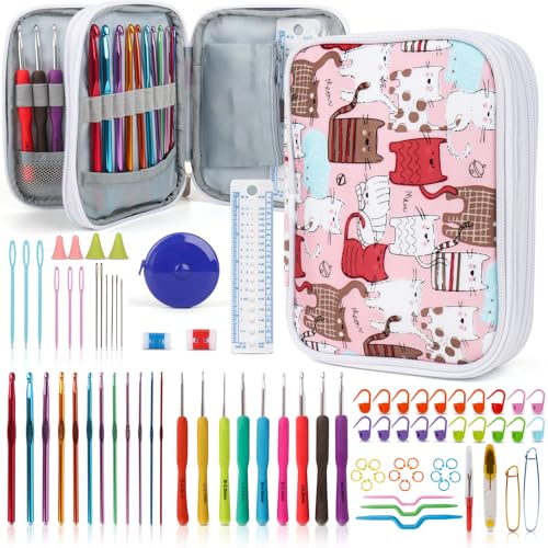 Katech Crochet Hooks Kit with Case, 85-Piece, Ergonomic Crochet Needles Weave Yarn Kits DIY Hand Knitting Art Tools for Beginners and Experienced Crochet Lovers
