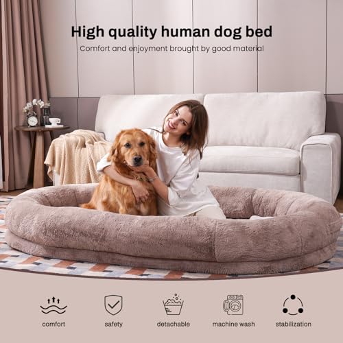 Human Dog Bed for Adult People 72"×48"×10" Giant Dog Bed for Adult Pet with Blanket and Storage Pocket, Washable Fur Cover, Camel