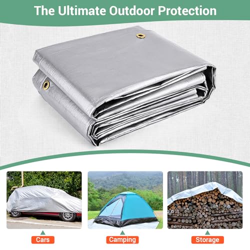 10x10FT Waterproof Tarp, Yumatum 16 Mil Heavy Duty Tarps with Reinforced Edges/Brass Grommets, 100% UV Blocking/Tear Resistant Poly Tarp for Camping, Patio, Tent, Boat(Silver/Black)