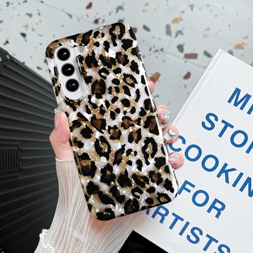 J.west Galaxy S24 Plus Case 6.7", Luxury Sparkle Glitter Translucent Cute Brown Leopard Pearly Thinfoil Design Shiny Animal Print Soft Silicone Cover for Women Girls Slim TPU Protective Phone Case
