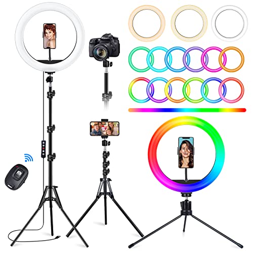 STALLY 10.2" Ring Light with Stand, 75" Tall Ring Light with Phone Holder and Wireless Remote, 12 Dimming Levels, 32 Color Modes LED Ring Light Tripod for iPhone, Live Stream, Makeup, YouTube, TikTok