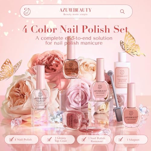 AZUREBEAUTY Fall Nail Polish Set, 4 Colors Yellow Orange Brown Glitter Vegan Quick Dry Natural Nail Lacquer Strengthening Treatment Kit with Top Coat & Nail Polish Remover DIY Salon at Home