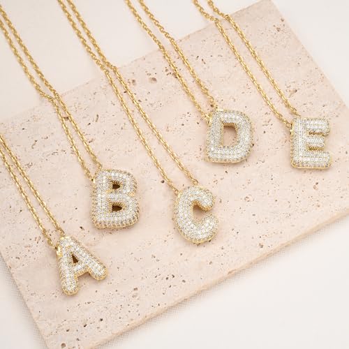 CIELTEAR Bubble Letter Necklace Gold Initial Necklaces for Women Chunky Charm Necklace Pendant U 14K Gold Plated Cubic Zirconia Balloon Letter Necklace Dainty Gold Jewelry for Women Trendy