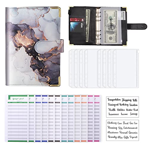 Budget Binder, A6 Marble PU Leather Binder, Money Organizer Cash Envelopes Budget Planner with 8 Zipper Cash Envelopes, 12 Expense Budget Sheets & 2 Letter Label Sticker for Budgeting, Saving Money