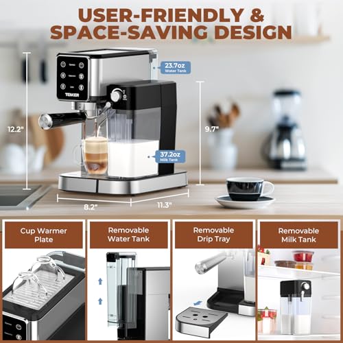 TENKER Espresso Machine 20 Bar, Cappuccino Machine with Automatic Milk Frother, Latte Machine in Stainless Steel Design, 1350W Touchscreen Coffee Maker for Home and Office (Silver)