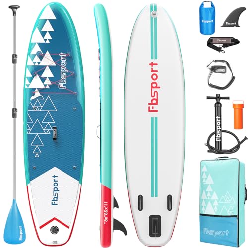 FBSPORT 11' Premium Stand Up Paddle Board, Yoga Board with SUP Accessories & Carry Bag | Wide Stance, Surf Control, Non-Slip Deck, Leash, Paddle and Pump for Youth & Adult (BlueWhite)