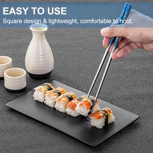 FOFAYU Metal Chopsticks Reusable 2 Pairs Titanium Plated Stainless Steel Chopsticks with Holder, Dishwasher Safe Non-Slip Japanese Style Chop Sticks Present Set (Blue Silver)