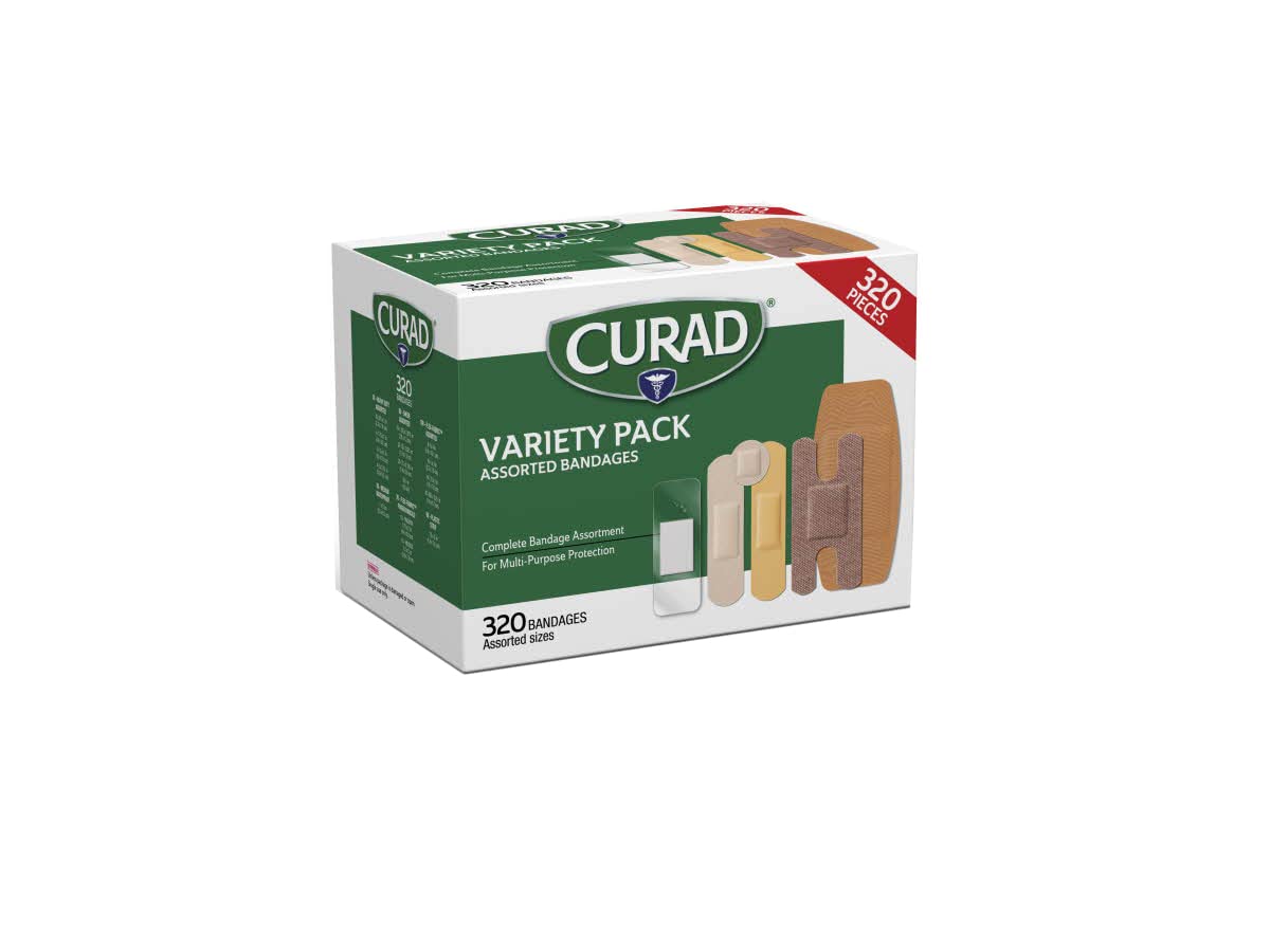 Curad Bulk Variety Pack Assorted Bandages, Flex-Fabric, Waterproof, Plastic, Knuckle, Heavy Duty Bandages (320 Count)