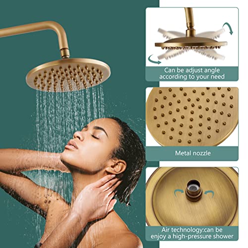 Dual Functions Exposed Pipe Shower System Round 8 Inch Rainfall Shower Head Brass Fixture Combo Set Two Handles Bathroom Shower Faucet Adjustable Showerhead Bar,Antique Brass