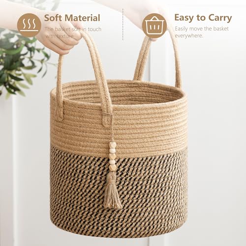 UBBCARE Woven Storage Basket - 11 x 11 inches, Decorative Rope Basket with Handles, Round Basket for Blankets, Dirty Clothes, Toys and Shoes in Living Room, Bedroom, White & Jute