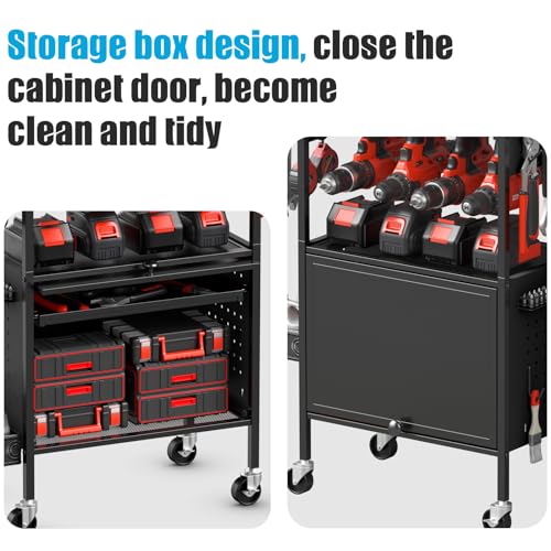 CCCEI Garage Power Tools Organizer Cart with Charging Station, Floor Standing Drill and Tools Battery Storage Cart with Cabinet. Utility Rack Gift for Men, Husband, Father Red.