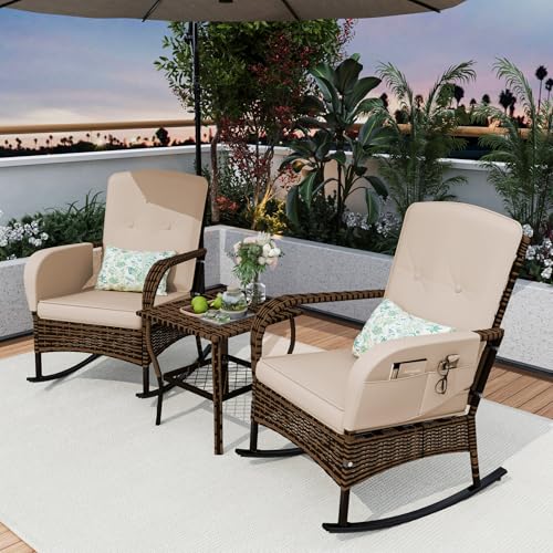CIRMUBUY 3-Piece Patio Furniture Set,Outdoor Rocking Chairs Set of 2, Patio Conversation Set with 2 Wicker Chairs with Rattan Coffee Table and Cushions for Garden,Porch,Backyard, Bistro (Beige)