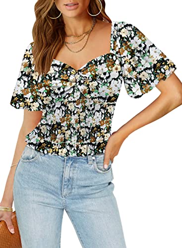 DOROSE Ladies Summer Floral Tops Puff Sleeve Sweetheart Neck Smocked Blouses Twist Front Crop Top Pink S