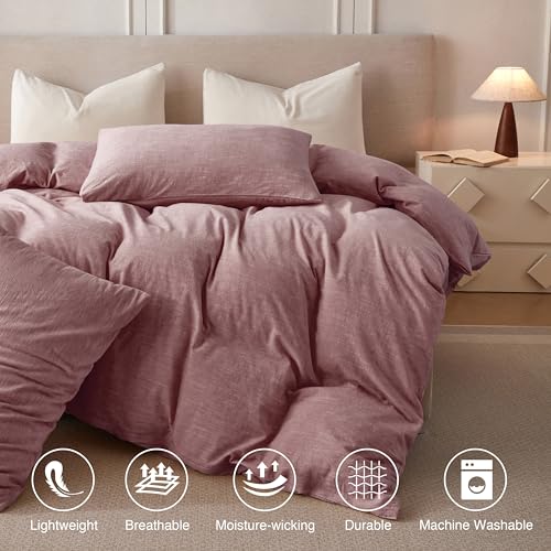 BFS HOME Linen Duvet Cover Queen Size - Soft Breathable Cotton Linen Blend, 3-Pieces Bedding Set with 2 Pillowcases, Stonewashed Texture, Off-White, All-Season Comfort
