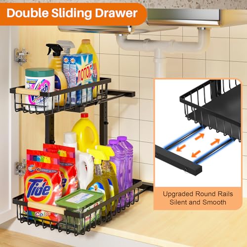 REALINN Under Sink Organizer, Height Adjustable Under Sink Organizers and Storage, 2 Tier Pull Out Drawer Cabinet Organizer for Kitchen Bathroom, 1 Pack