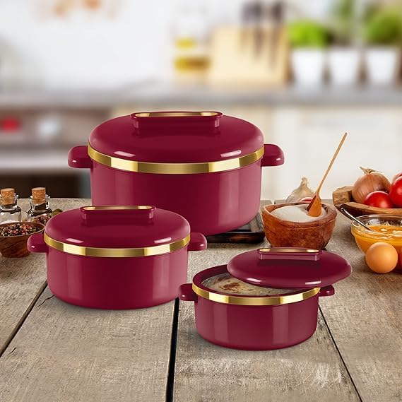 Casserole set Inner Stainless Steel Casserole Keeps hot & Fresh Chapati, Roti, Biryani Kitchen Item Stainless Steel Casserole Set of 3 (450 ml, 840 ml, 1300 ml), Maroon