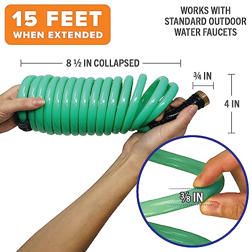 15FT Coiled Boat Hose, Expandable Coil Water Hose, Marine Grade 3/4 Inch Connectors, Perfect for RV Wash, Garden, and Marine Washdown, Self-Recoil Design, 15 Foot Length
