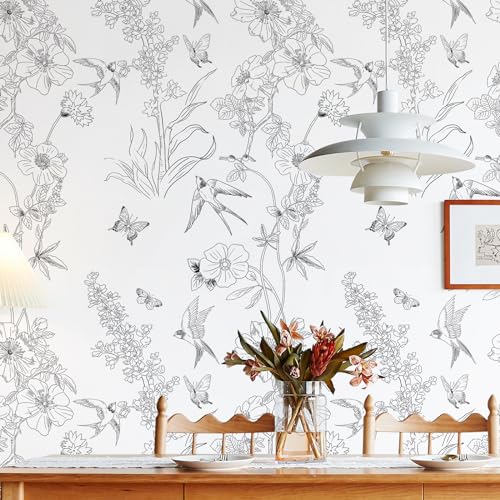 Amiya Black and White Floral Wallpaper Peel and Stick Removable Birds Contact Paper Bedroom 17.3” X 80” Vinyl Self Adhesive Sketch Wall Paper for Cabinets Shelf Liner Living Room Decoration