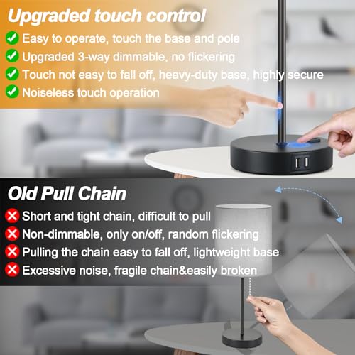 Lynnoland 𝟮𝟬𝟮𝟯 𝗡𝗘𝗪 Set of 2 Touch Control Table Lamps with 2 USB & AC Outlet, 3-Way Dimmable Bedside Nightstand Lamps for Bedroom Living Room Nursery, 800 Lumens 5000K Daylight Bulbs Included