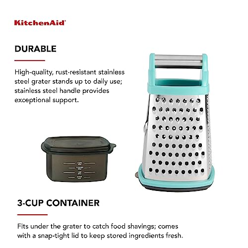 KitchenAid Gourmet 4-Sided Stainless Steel Box Grater for Fine, Medium and Coarse Grate, and Slicing, Detachable 3 Cup Storage Container and Measurment Markings, Dishwasher Safe, 10 inches tall, Aqua