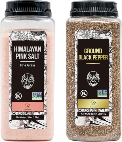 Soeos Himalayan Pink Salt Fine 39 oz + Ground Black Peppercorns 18 oz,Salt and Pepper for Grinder Refill