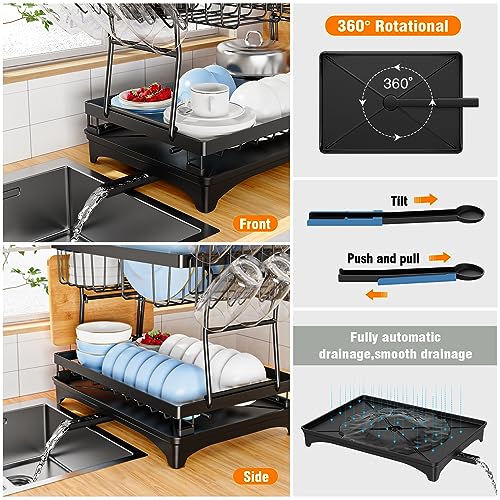 PKBD Rustproof Stainless Steel Dish Drying Rack,2 Tier Large Dish Rack for Kitchen Counter,Dish Rack with Drainboard,Utensil Holder & Cup Holder,Black