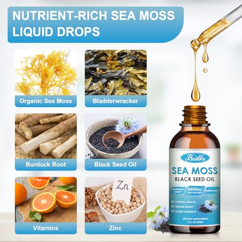 Bunkka Sea Moss 3000mg Black Seed Oil 1000mg with Burdock Root 600mg Bladderwrack 800mg&Vitamin C Vitamin D3, Irish Sea Moss Drop for Immune System, Gut, Skin & Energy