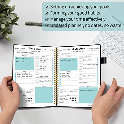 Daily Planner Undated, To Do List Notebook with Hourly Schedule Calendars Meal, Spiral Appointment Organizers Notebook for Man/Women, Pocket, Pen Loop, 160 Pages (5.5x8.5")