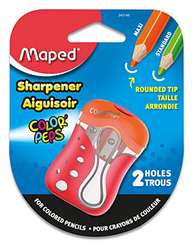 Maped Color'Peps 2 Hole Pencil Sharpener - Perfect for Colored Pencils - Child-Safe, Mess-Free, Universal Design - Assorted Colors