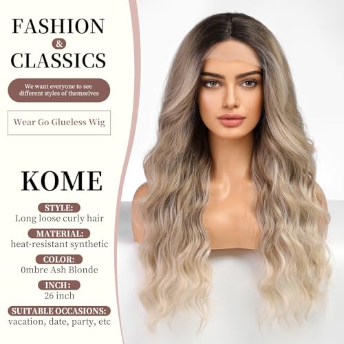 KOME Ombre Ash Blonde Long Wave Wigs for Women,Put On Go Glueless Lace Front Wig,Middle Part Synthetic Wig for Daily Party Use 26IN