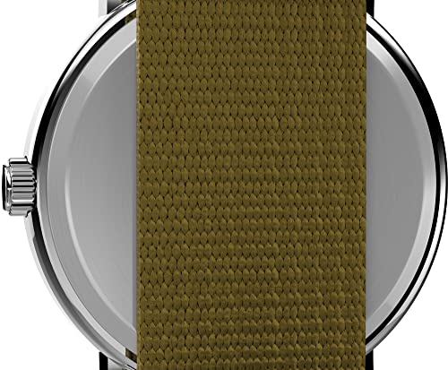 Timex Unisex Weekender 38mm Watch – Silver-Tone Case White Dial with Olive Fabric Slip-Thru Strap