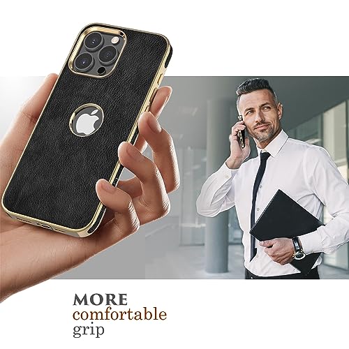 LOHASIC PU Leather Case for iPhone 15 Pro Max, Logo View, Luxury Elegant ProMax Phone Cover for Men Women, Anti-Slip Grip Protective TPU Bumper, 6.7 Inch, 5G, 2023 - Black Gold