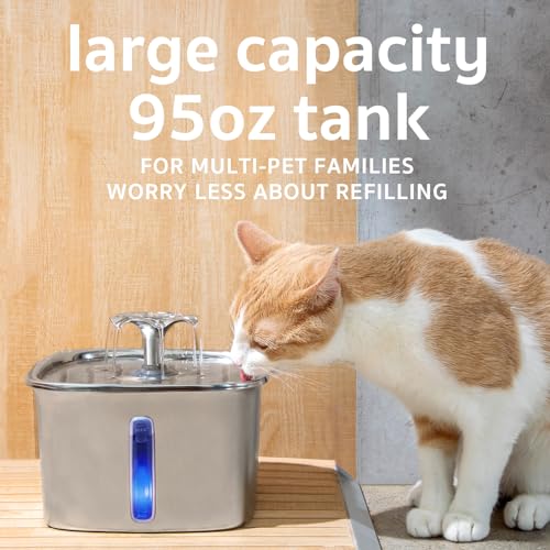 Veken Innovation Award Winner Stainless Steel Cat Water Fountain, 95oz/2.8L Automatic Pet Fountain Dog Water Dispenser with Replacement Filters & Silicone Mat for Cats, Dogs, Multiple Pets (Silver)