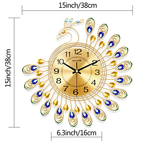 NEOTEND Gold Modern Wall Clock for Living Room Decor Large Peacock Kitchen Big Wall Watch for Bedroom Silent Decorative Office Non Ticking Metal Crystal Wall Clock Battery Operated 15 Inch