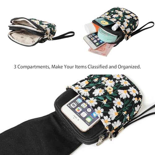 Goodhan Floral Embroidery Crossbody Bag, Mini Canvas Shoulder Bag Cellphone Purse Wristlet Pouch