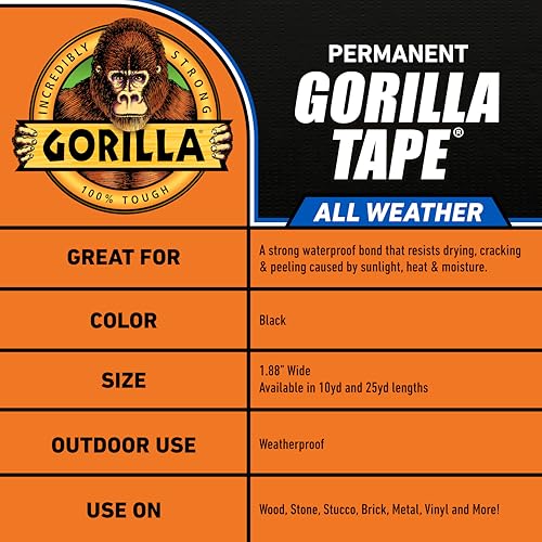 Gorilla All Weather Duct Tape, Black, 1.88" x 25 yd (Pack of 1) - UV and Temperature Resistant Waterproof Tape for Outdoor Repairs